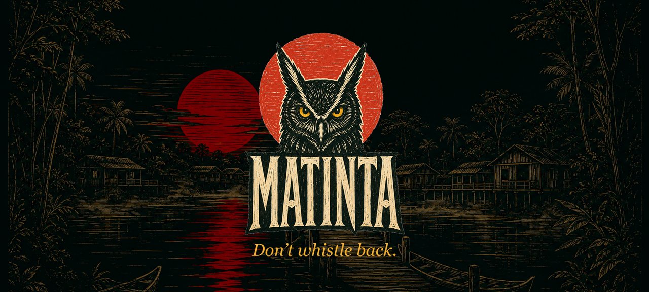 MATINTA — a black owl and a blood-red moon over a misty Amazon river village